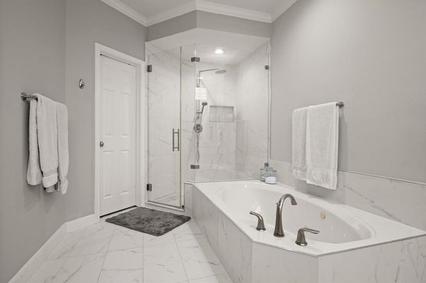 Bathroom, Glass Shower, Interior, Marble, Marble Walls, Recessed Lighting