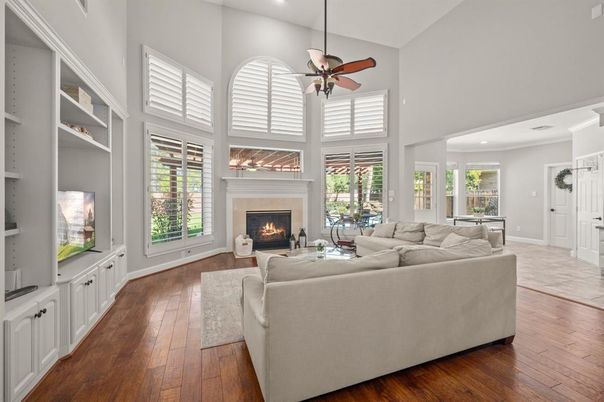 Billiard Table, Fireplace, Game Room, Interior, Living room, Recessed Lighting, Wood Texture Flooring