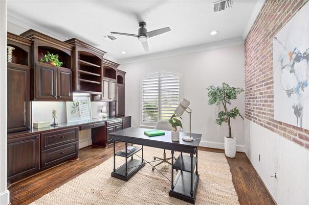 Home Office, Interior, Recessed Lighting, Stone Walls, Wood Texture Flooring