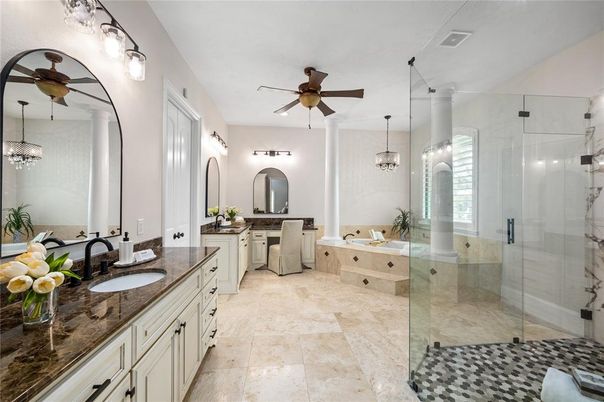 Bathroom, Chandelier, Dual Sink Vanities, Glass Shower, Interior