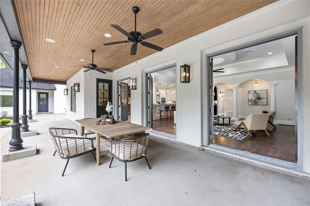 Dining room, Interior, Recessed Lighting, Stone Walls, Wooden Ceilings