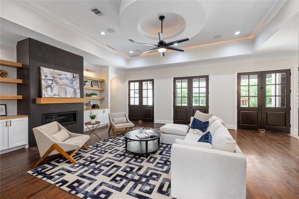 Fireplace, Interior, Living room, Recessed Lighting, Wood Texture Flooring
