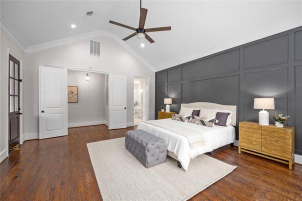 Bedroom, Interior, Recessed Lighting, Wood Texture Flooring