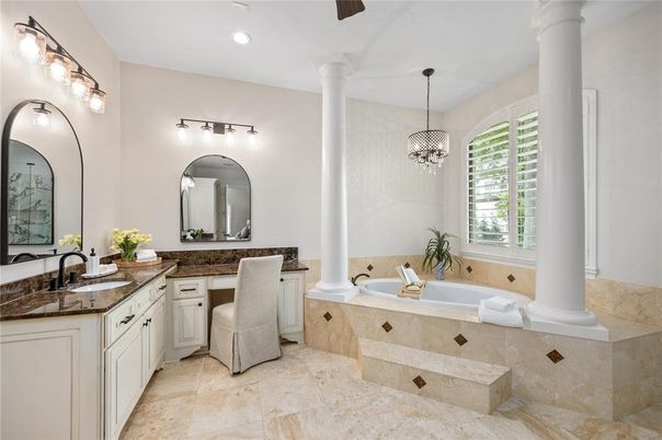 Bathroom, Dual Sink Vanities, Interior, Pendant Lights, Recessed Lighting