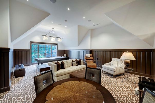 Billiard Table, Game Room, Interior, Living room, Pendant Lights, Recessed Lighting, Wood Texture Flooring