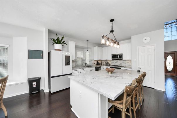 Interior, Kitchen, Pendant Lights, Stainless Steel Appliances, Wood Texture Flooring