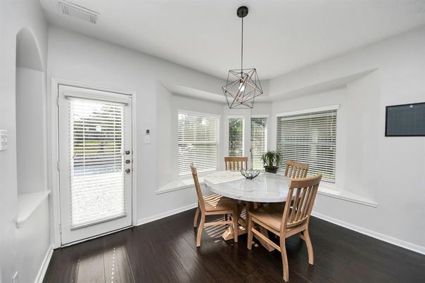 Dining room, Interior, Pendant Lights, Wood Texture Flooring