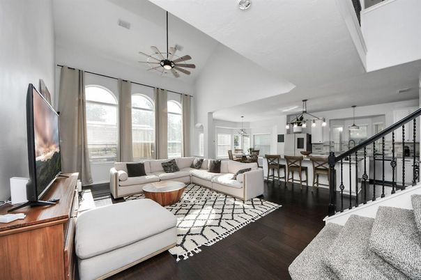 Dining room, Interior, Kitchen, Living room, Pendant Lights, Wood Texture Flooring
