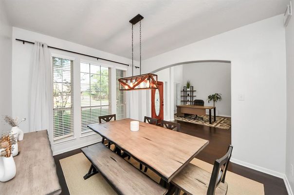 Dining room, Interior, Pendant Lights, Wood Texture Flooring