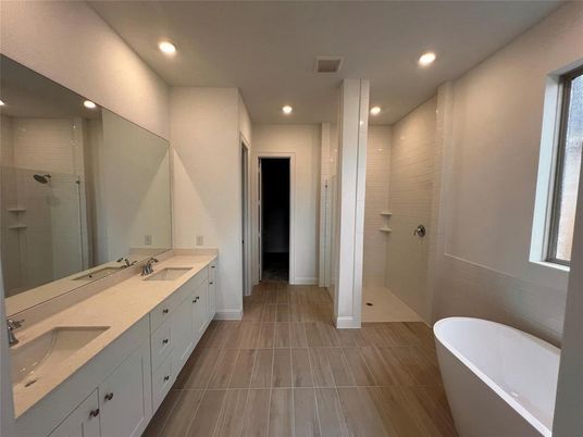 Bathroom, Dual Sink Vanities, Free Standing Baths, Glass Shower, Interior, Recessed Lighting