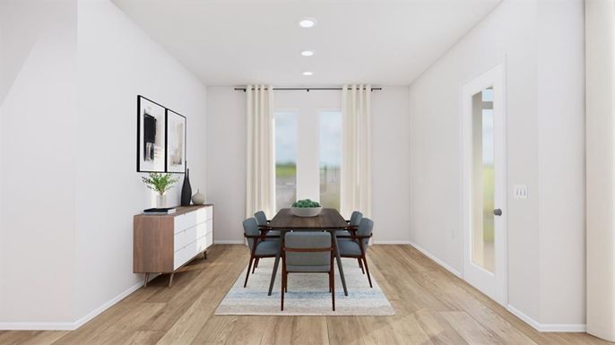 Dining room, Interior, Recessed Lighting, Wood Texture Flooring