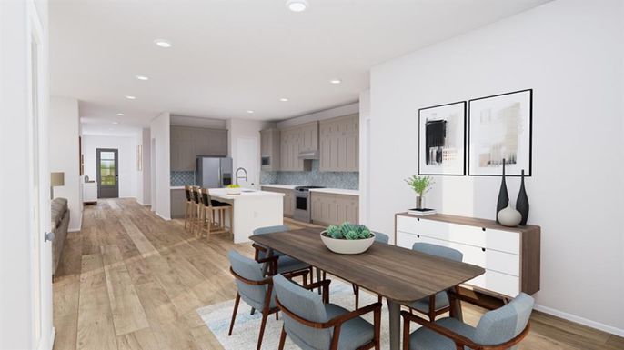 Dining room, Interior, Kitchen, Recessed Lighting, Wood Texture Flooring