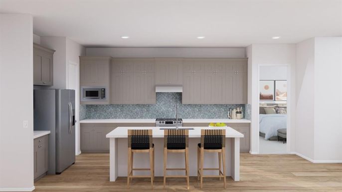 Bedroom, Interior, Kitchen, Recessed Lighting, Stainless Steel Appliances, Wood Texture Flooring