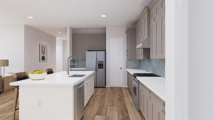 Interior, Kitchen, Recessed Lighting, Stainless Steel Appliances, Wood Texture Flooring