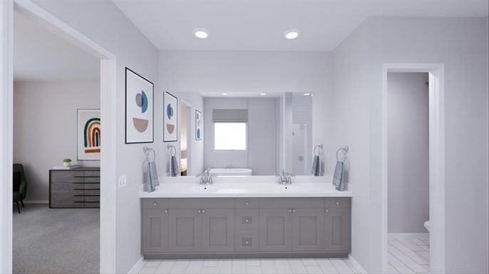 Bathroom, Dual Sink Vanities, Interior, Recessed Lighting