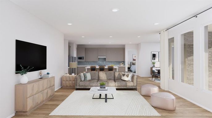 Dining room, Interior, Kitchen, Living room, Recessed Lighting, Stainless Steel Appliances, Wood Texture Flooring