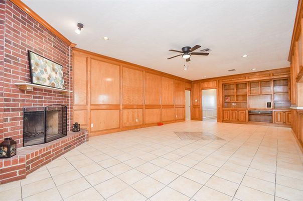 Empty room, Fireplace, Interior, Kitchen, Recessed Lighting, Stone Walls