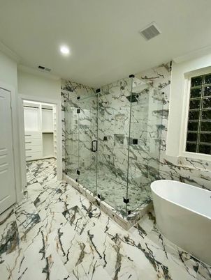 Bathroom, Free Standing Baths, Glass Shower, Interior, Marble, Marble Walls, Recessed Lighting