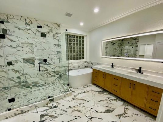 Bathroom, Dual Sink Vanities, Free Standing Baths, Glass Shower, Interior, Marble, Marble Walls, Recessed Lighting