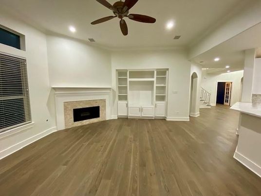 Empty room, Fireplace, Interior, Recessed Lighting, Wood Texture Flooring