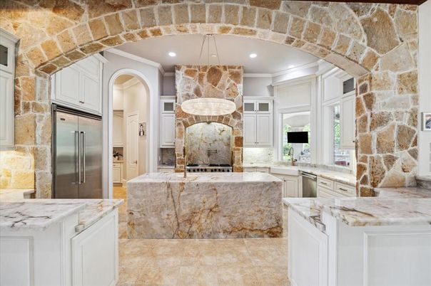 Interior, Kitchen, Pendant Lights, Recessed Lighting, Stainless Steel Appliances, Stone Walls