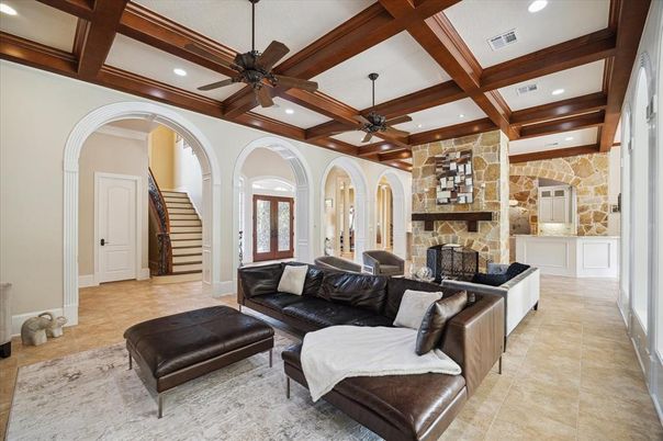 Fireplace, Interior, Living room, Recessed Lighting, Stone Walls, Wooden Beams