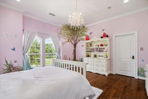 Bedroom, Chandelier, Interior, Recessed Lighting, Wood Texture Flooring