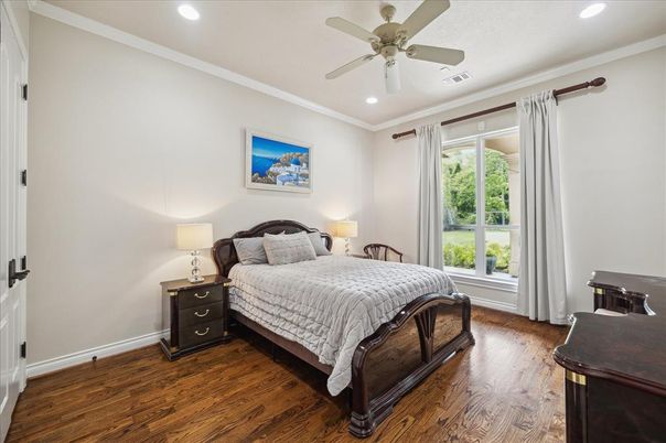 Bedroom, Interior, Recessed Lighting, Wood Texture Flooring