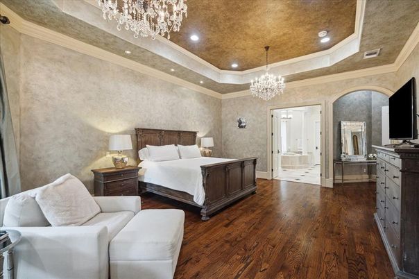 Bedroom, Chandelier, Interior, Recessed Lighting, Wood Texture Flooring