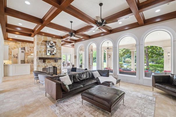 Fireplace, Interior, Living room, Recessed Lighting, Wooden Beams