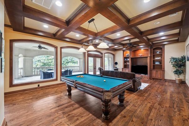 Billiard Table, Game Room, Interior, Pendant Lights, Recessed Lighting, Wooden Beams, Wood Texture Flooring