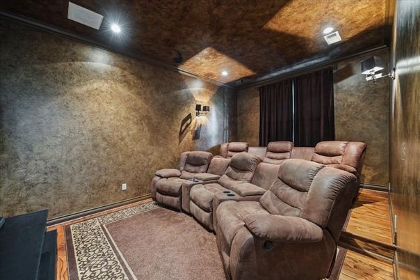 Home Theatre Room, Interior, Projection Screen, Recessed Lighting, Theatre Room, Wood Texture Flooring