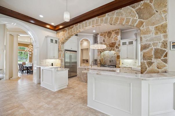 Dining room, Interior, Kitchen, Pendant Lights, Recessed Lighting, Stainless Steel Appliances, Stone Walls