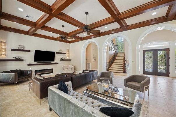 Fireplace, Interior, Living room, Recessed Lighting, Wooden Beams