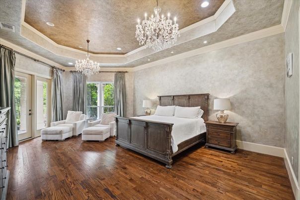 Bedroom, Chandelier, Interior, Recessed Lighting, Wood Texture Flooring