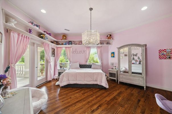 Bedroom, Chandelier, Interior, Recessed Lighting, Wood Texture Flooring