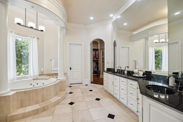 Bathroom, Dual Sink Vanities, Interior, Recessed Lighting, Wood Texture Flooring