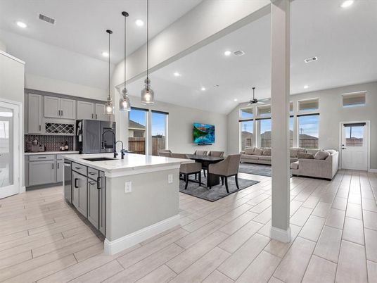 Dining room, Interior, Kitchen, Living room, Pendant Lights, Recessed Lighting, Wood Texture Flooring