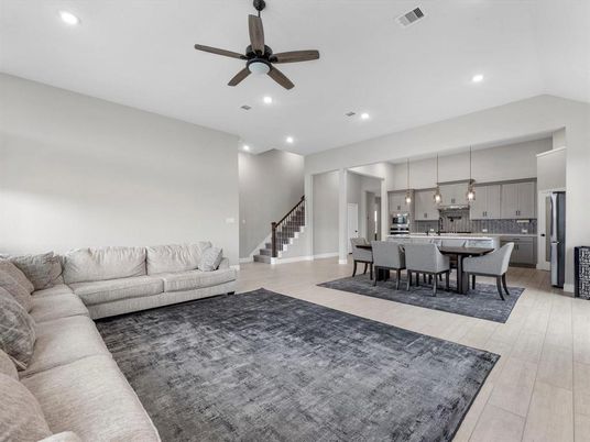 Dining room, Interior, Kitchen, Living room, Pendant Lights, Recessed Lighting, Stainless Steel Appliances, Wood Texture Flooring