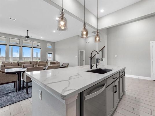 Dining room, Interior, Kitchen, Living room, Pendant Lights, Recessed Lighting, Wood Texture Flooring