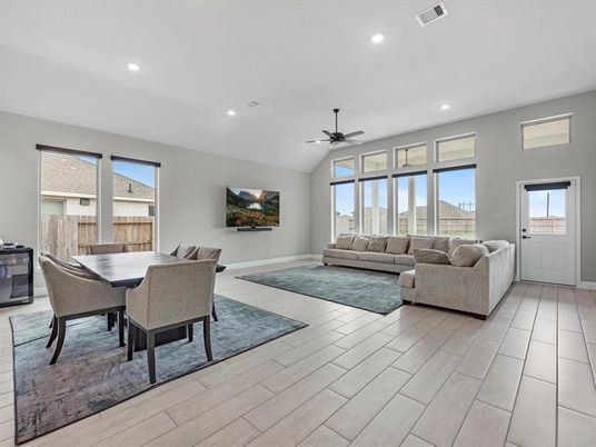 Dining room, Interior, Living room, Recessed Lighting, Wood Texture Flooring