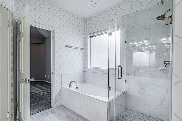 Bathroom, Glass Shower, Interior, Marble Walls, Wood Texture Flooring
