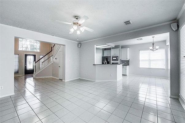 Chandelier, Empty room, Interior, Kitchen, Stainless Steel Appliances
