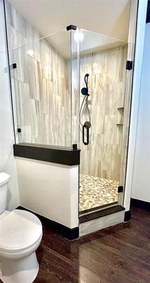 Bathroom, Glass Shower, Interior, Wood Texture Flooring