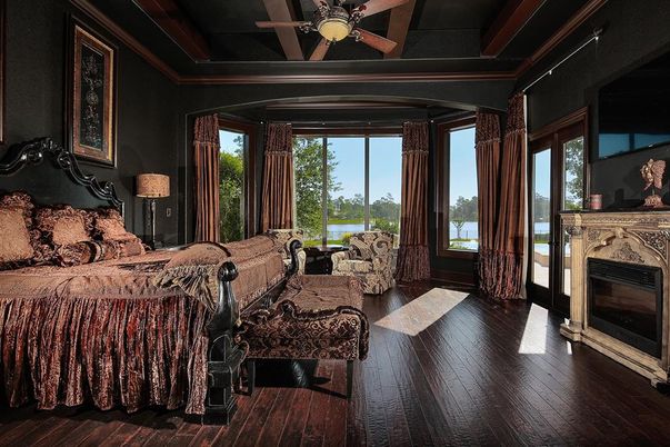 Bedroom, Fireplace, Interior, Wood Texture Flooring
