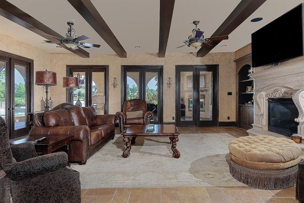 Fireplace, Interior, Living room, Recessed Lighting, Wooden Beams
