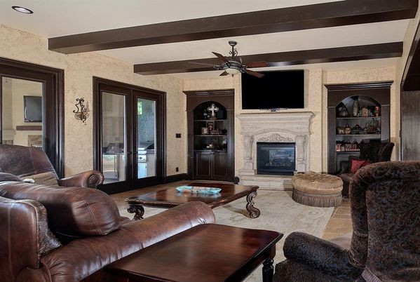 Fireplace, Interior, Living room, Recessed Lighting, Wooden Beams