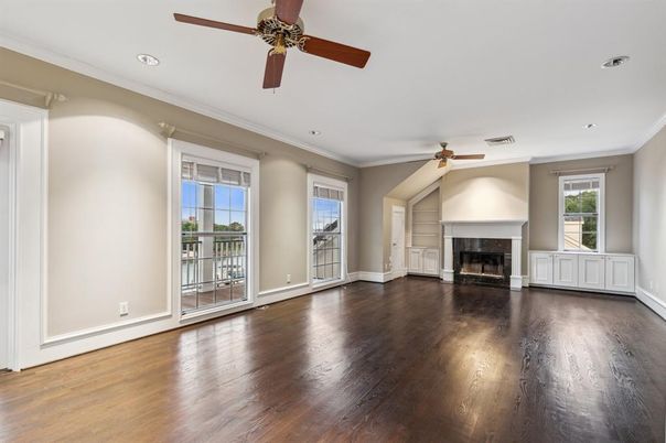 Empty room, Fireplace, Interior, Recessed Lighting, Wood Texture Flooring