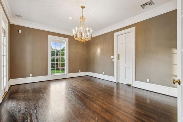 Chandelier, Empty room, Interior, Recessed Lighting, Wood Texture Flooring