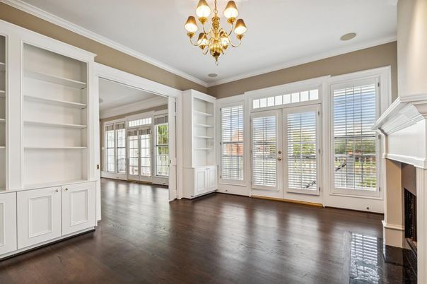Chandelier, Empty room, Fireplace, Interior, Wood Texture Flooring